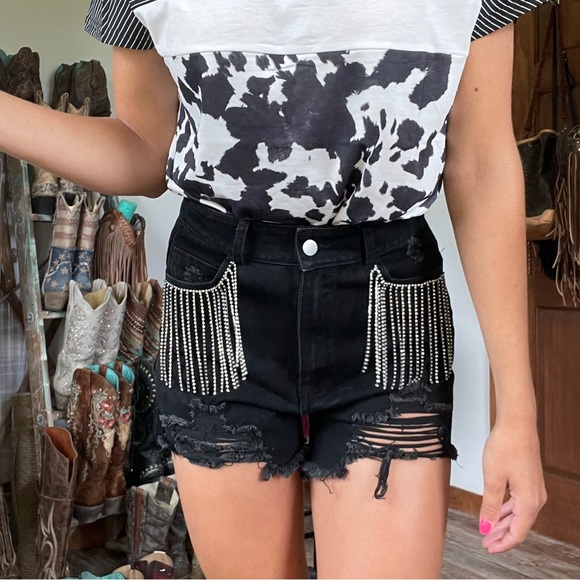 Black Rhinestone Fringe Shorts - Picture 3 of 4